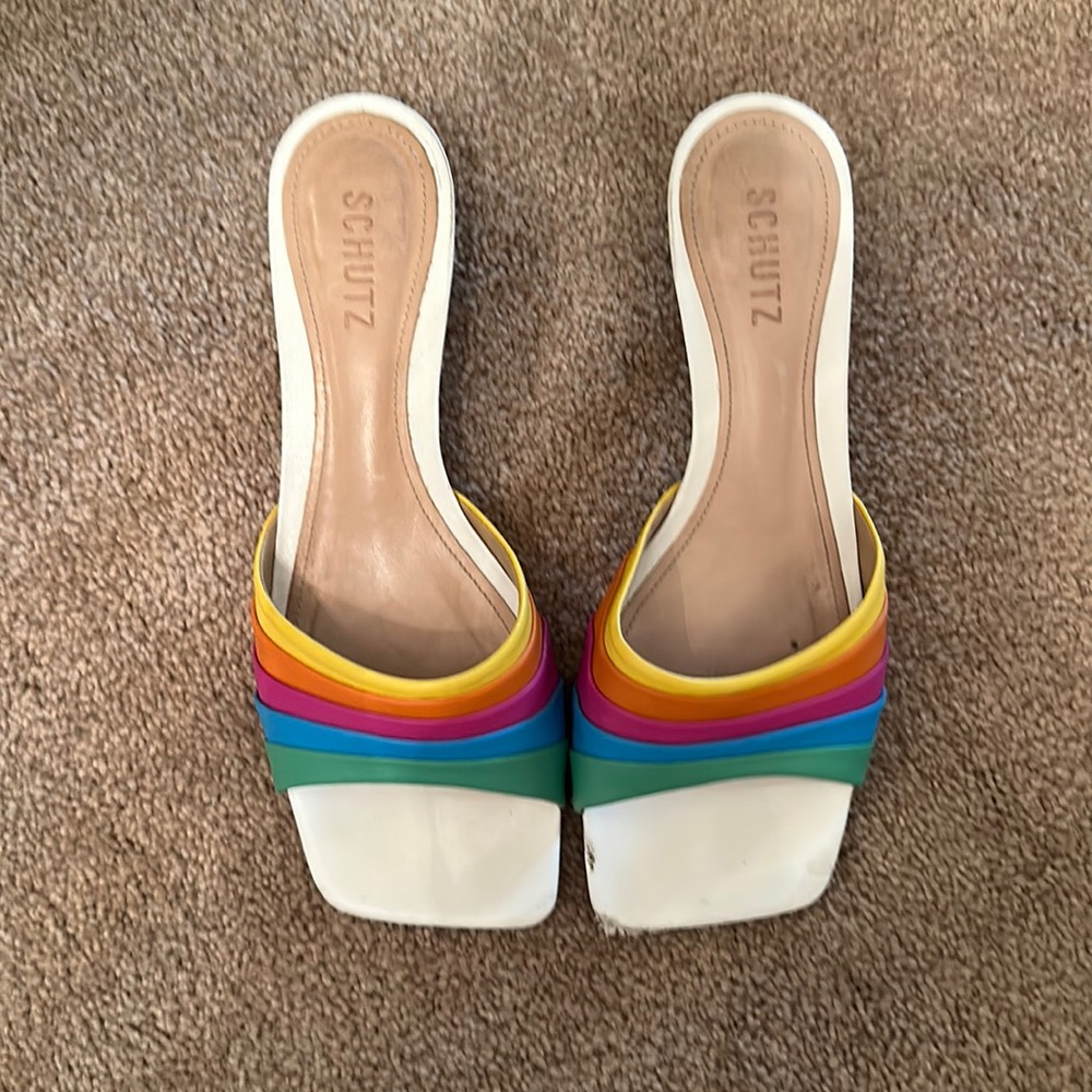 Schutz Rainbow toe kitten heel mules